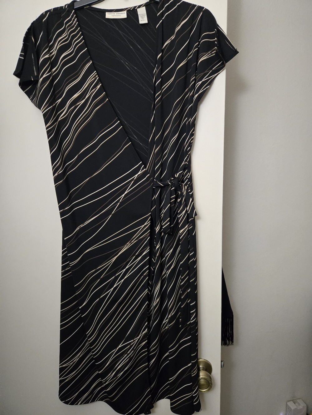 Valerie Stevens Black Wrap Dress with Cream Wave Stripes